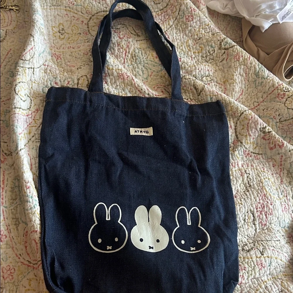 Denim Tote Bag with White Miffy Bunny Prints